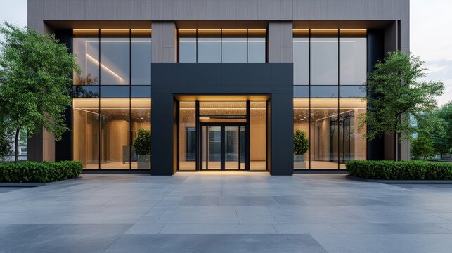 Modern office building entrance with glass facade and landscaping