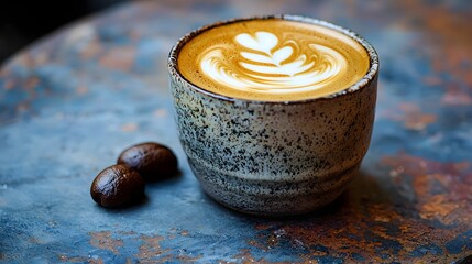 Smudged Roasted Macchiato, Elegant Ceramic Latte with Artisanal Espresso Shot on Rustic Tabletop
