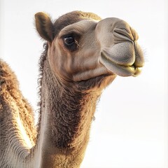 Obraz premium A captivating close-up portrait of a dromedary camel, showcasing its gentle expression, set against a pristine white background in artistic detail.
