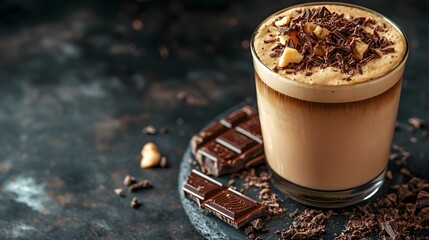 Smudged Roasted Macchiato, Decadent Mocha Latte with Chocolate Shavings on Dark Background