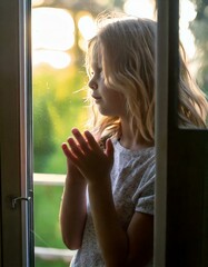 little girl looking out window