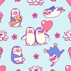 vector cartoon simple penguins bird seamless pattern. Hand drown design element. Clip art isolated on blue background.
