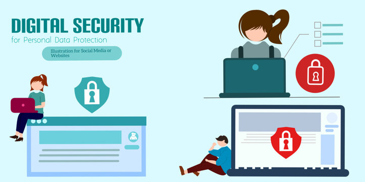 Character using Cyber ​​Security Services to Protect Personal Data. User Authorization, Two Steps Authentication. Idea of ​​digital data protection and safety.Vector illustration.
