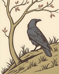 Artistic Painting of a Crow Perched on a Leafless Tree in a Moody and Atmospheric Setting