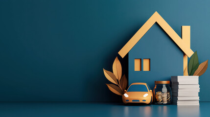 House and car with money stacks symbolize financial security and investment, house and car insurance concepts.