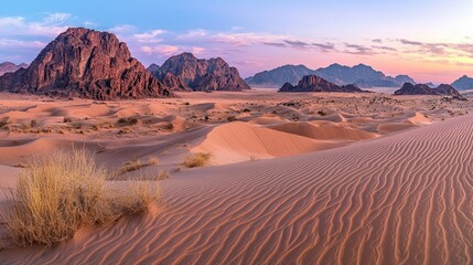 Fototapeta premium Serene Sunset Over Majestic Desert Mountains and Gentle Sand Dunes