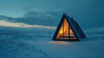 Cozy A-frame cabin glowing in a snowy landscape at dusk