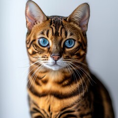 Captivating close-up portrait of a Bengal cat, showcasing its mesmerizing blue eyes, intricate rosette patterns, and unique beauty against a soft, light background.