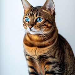 Obraz premium Close-up portrait of a beautiful Bengal cat with striking blue eyes, showcasing its unique spotted and striped coat patterns against a plain background, cat looking away.