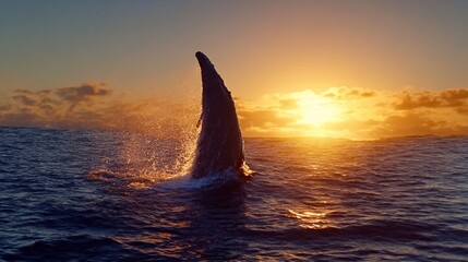 Fototapeta premium Humpback whale breaches at sunset, a majestic marine moment captured