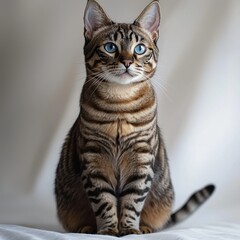 Fototapeta premium A captivating Bengal cat with striking blue eyes, seated elegantly against a soft backdrop, showcasing its distinctive patterned fur in a studio shot.