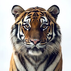 Fototapeta premium Close-up portrait of a majestic Bengal tiger, showcasing its striking orange and black stripes, piercing eyes, and powerful, regal demeanor against a plain backdrop.