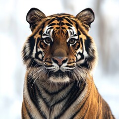 Fototapeta premium An intense close-up of a tiger's face, highlighting its striking stripes and powerful gaze against a softly blurred winter background.