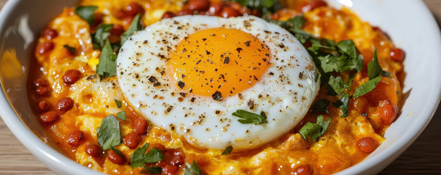 Spicy shakshuka with egg, red lentils, and cumin garnished with herbs