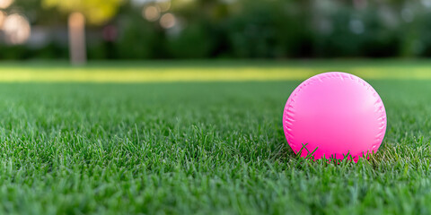 Naklejka premium Pink Inflatable Ball on Grass Lawn