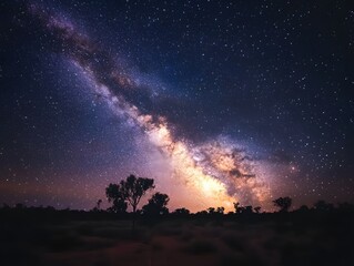 Majestic milky way over the australian outback with trees silhouetted against the starry sky