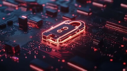 Obraz premium Glowing padlock on circuit board, cybersecurity concept. (1)