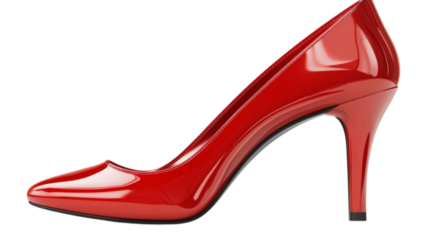 Elegant high heels with a sleek design, glossy patent leather, minimal aesthetic, isolated PNG 