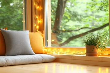 Fototapeta premium Cozy window seat with pillows and fairy lights overlooking lush green trees creating a serene and inviting atmosphere for relaxation and contemplation