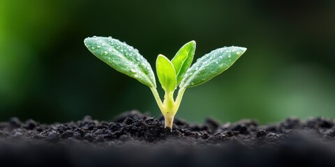 Newly sprouted plant breaks through dark soil, glistening with morning dew. This moment captures the beauty of beginnings and the promise of future life and development