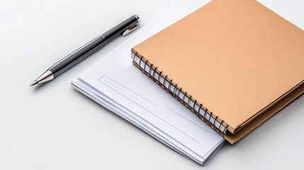 Naklejka premium Brown Textured Notebook with Silver Pen on White Paper in Minimalist Flat Lay Arrangement