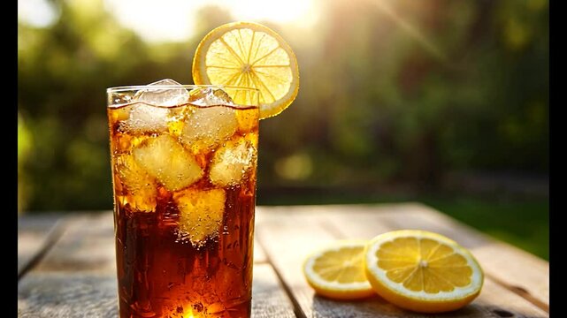 Refreshing iced tea with lemon slices on a wooden table, set against a sunny garden backdrop