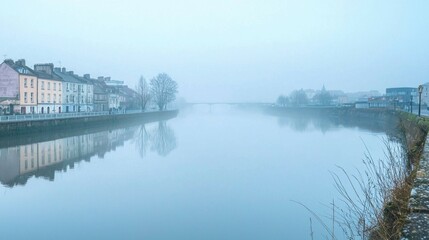 Fototapeta premium Serene Misty Morning by the Calm River with Reflections of Buildings