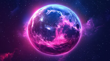 Obraz premium Glowing planet in vibrant pink and blue nebula.