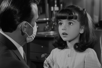 Naklejka premium Little girl taking care of her teeth, sitting in chair while male dentist orthodontist in mask examining dental cavity