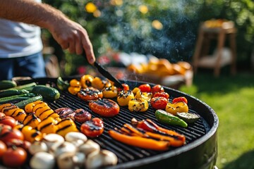 Close-up of grilled vegetables on barbecue in sunny backyard setting