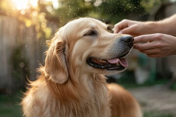 Obraz premium Golden retriever enjoying playtime outdoors in sunny garden atmosphere
