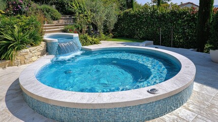 Elegant Round Spa with Waterfall Surrounded by Lush Greenery