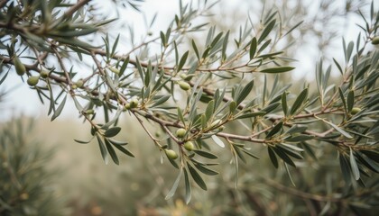  Olive tree branches with small green olives and leaves in a serene natural setting