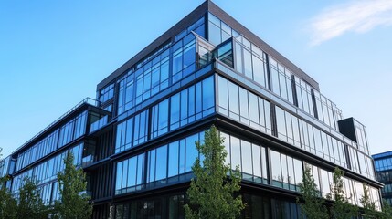 Modern glass office building with reflective windows and greenery