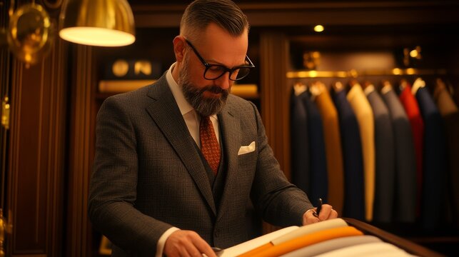 Well-dressed man examining fabric swatches in a tailored clothing store with stylish suits in background