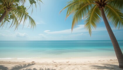 Fototapeta premium Serene tropical beach with palm trees and turquoise water creating a relaxing vacation atmosphere