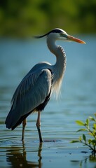 Obraz premium Wide-angle shot of white faced heron in its habitat, lake, serene, habitat