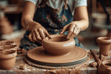 Female potter crafting on pottery wheel - artistic clay work in progress
