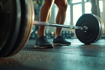 Athletic young male lifting weights in gym with focused determination