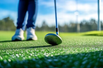 Close-up of golfer preparing swing on green golf course