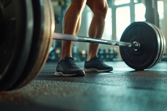 Athletic young male lifting weights in gym with focused determination