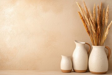 Serene arrangement of wheat stalks in ceramic vases against a textured beige backdrop evokes rustic charm and minimalist elegance for home decor inspiration