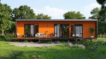 Modern Orange House Surrounded by Lush Green Landscape and Trees