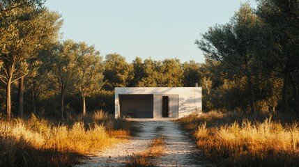 Serene Modern House Surrounded by Lush Forest and Golden Grass