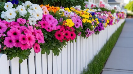 Vibrant petunias and daisies adorning a white fence in a sunny garden setting