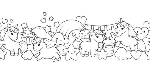 Pattern with unicorns. Happy birthday party background.