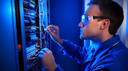Technician working on server connections in a dimly lit data center with blue lighting