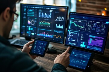 Young caucasian male analyzing data on multiple screens in modern office setting
