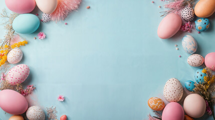 Easter eggs frame on a blue background