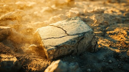 Fototapeta premium Rock Fragment on Arid Ground with Dust and Sunlight Rays